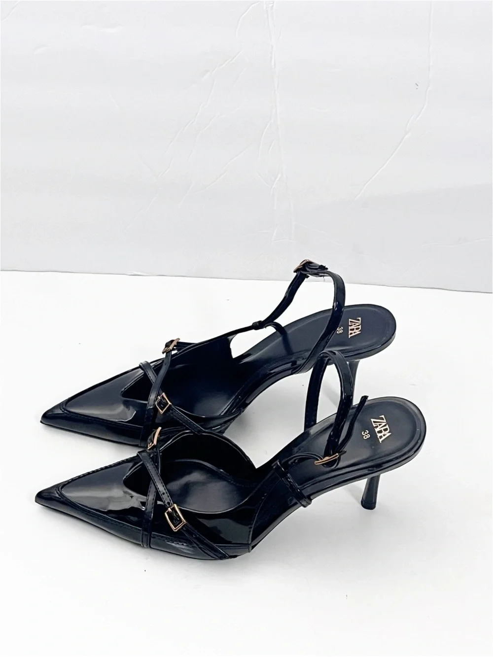 ZARA Black Patent Leather Strappy Pointy Toe Slingback Heels Size 38 Classic